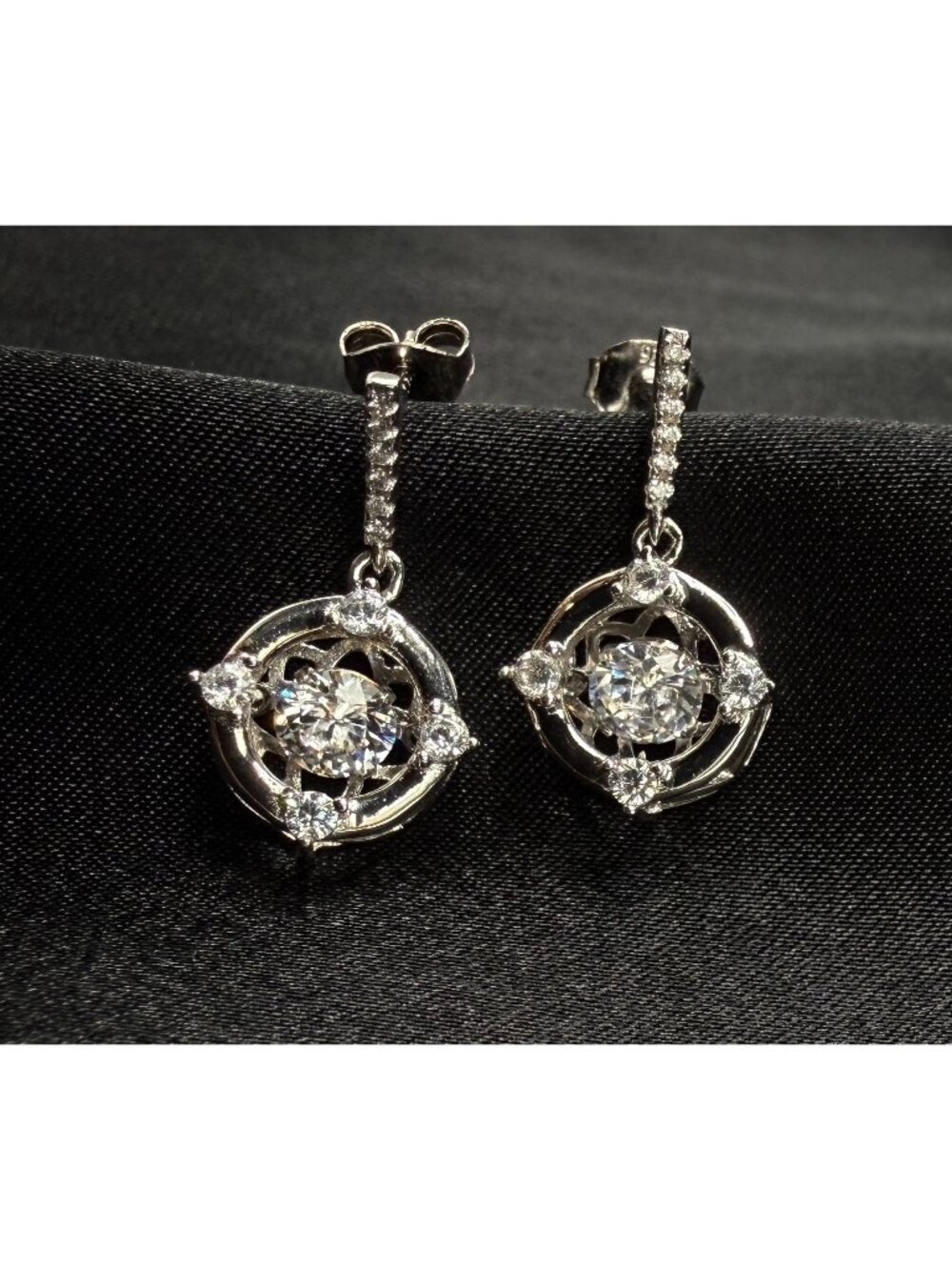 GM Signed 925 Sterling Silver Cubic Zirconia Drop Earrings With Intricate Design